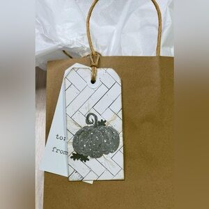 Handcrafted Gift Tag - Bookmark with Green Pumpkin on Rustic Background w/ Twine